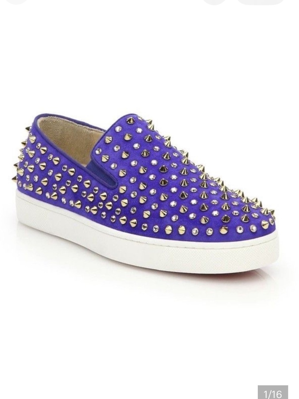 Christian Louboutin Lavender Canvas Studded Slip-On Flats with Gold Spikes